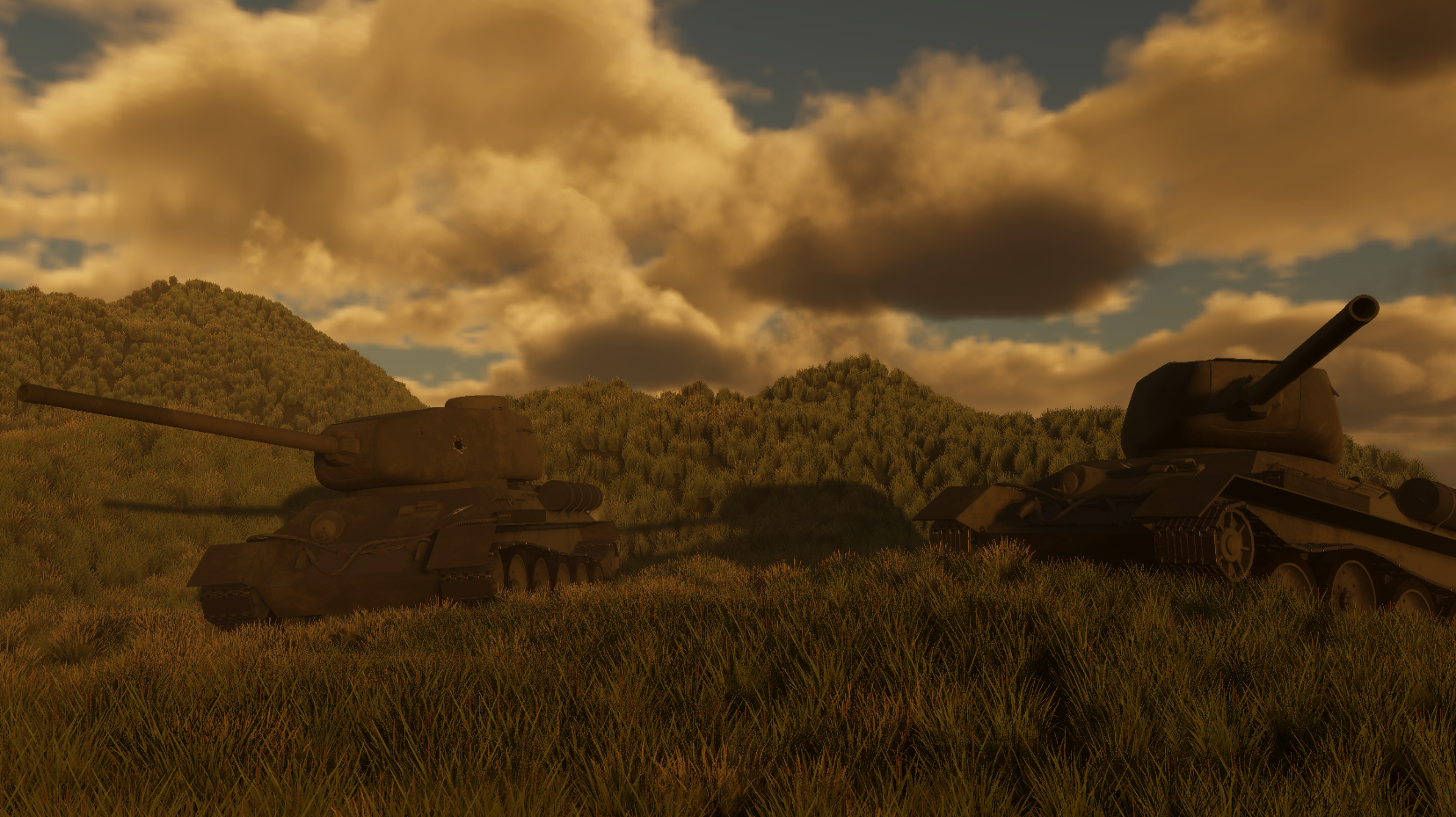 Two tanks on a wooded battlefield beneath an overcast sky.